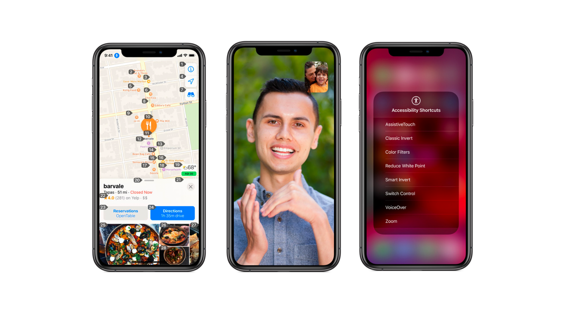 Three iPhones placed directly next to each other. One shows Google Maps, another shows sign language being used on FaceTime, and the last shows the Accessibility Shortcuts Feature.