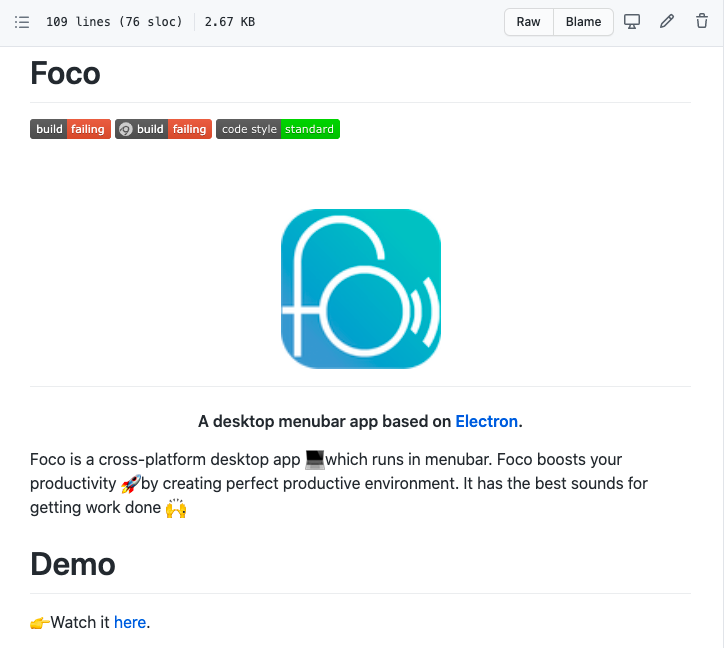 Image is of a GitHub project called "Foco," a cross-platform desktop app which runs in menubar. Allows user to try out a demo.