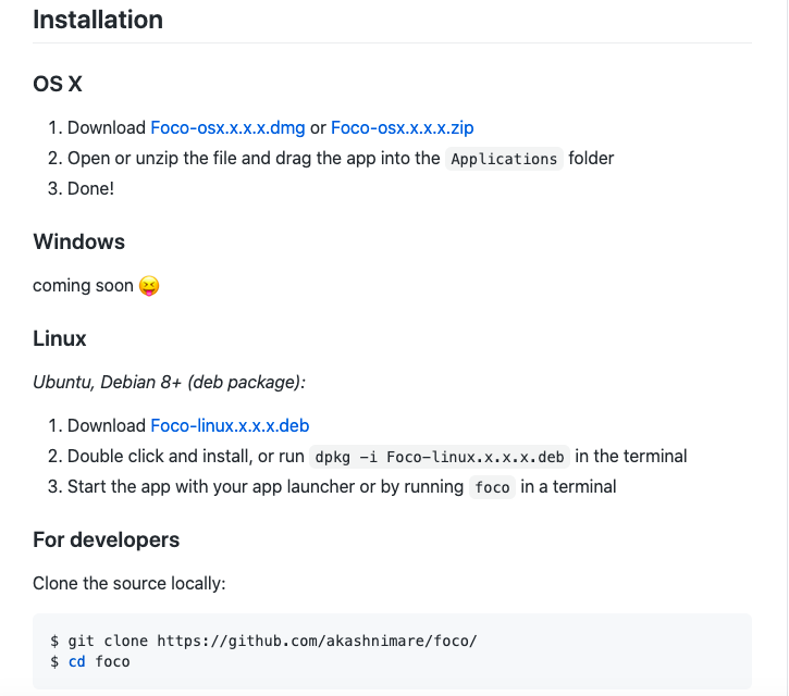 Image is of GitHub project "Foco"s README. Describes instructions for Installation on OS X, Windows, Linux, and Developer code.