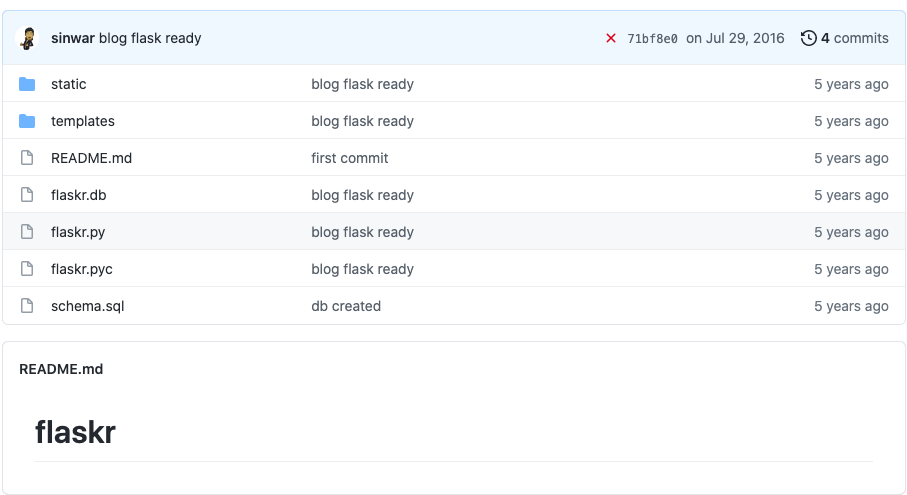 Image is of GitHub project flaskr that contains only the files and folders of the project, and does not contain a README.
