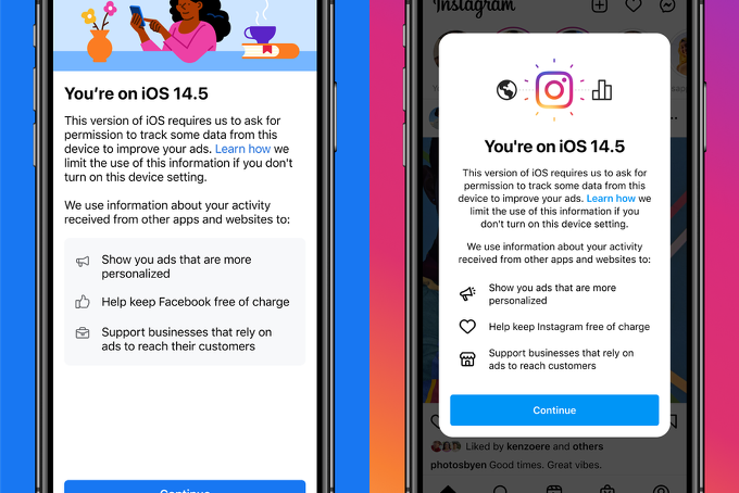 On the left, Facebook’s pop-up notification. On the right, Instagram’s pop-up notification. They both state: We use information about your activity received from other apps and websites to: show you ads that are more personalized, help keep Facebook/Instagram free of charge, support businesses that rely on ads to reach their costumers.