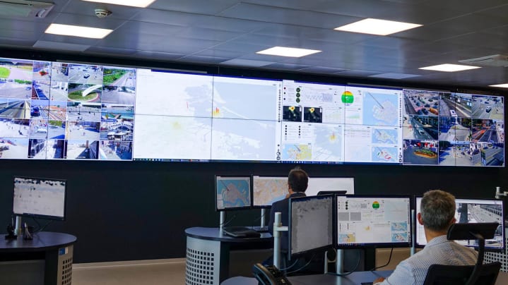 A room with many screens showing maps, pictures, data, and live surveillance in Venice. https://www.cnn.com/travel/article/venice-control-room-tourism/index.html