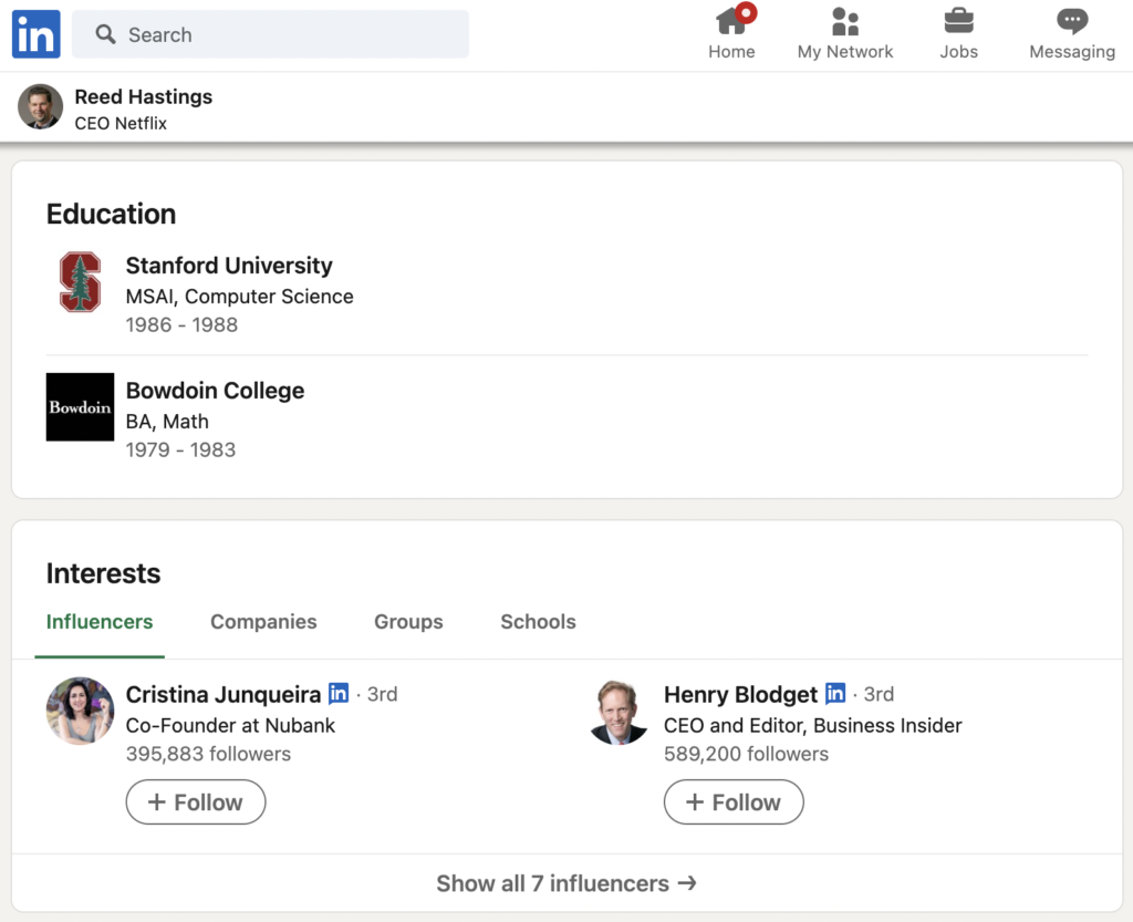 The image displays the Education section of Netflix's CEO Reed Hastings' LinkedIn profile page; He attended Bowdoin College before receiving a Master's degree at Stanford University.