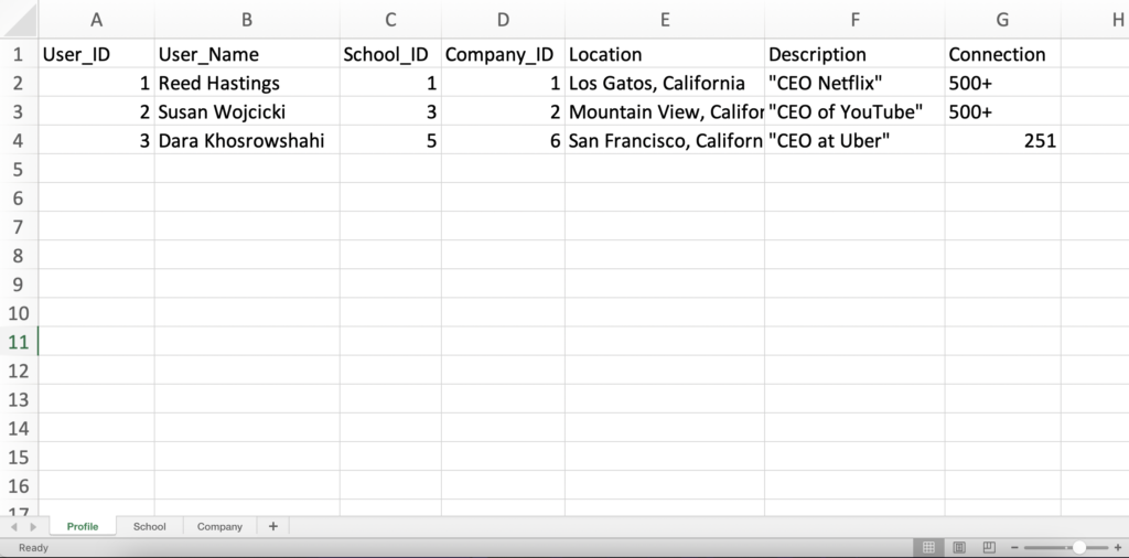 The image is a screenshot of a spreadsheet. The spreadsheet contains columns User_ID, User_Name, School_ID, Company_ID, Location, Description, and Connection.