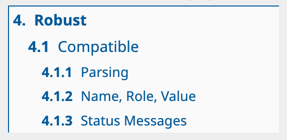 4. Robust. 4.1 Compatible. 4.1.1 Parsing. 4.1.2 Name, Role, Value. 4.1.3 Status Messages. [6]