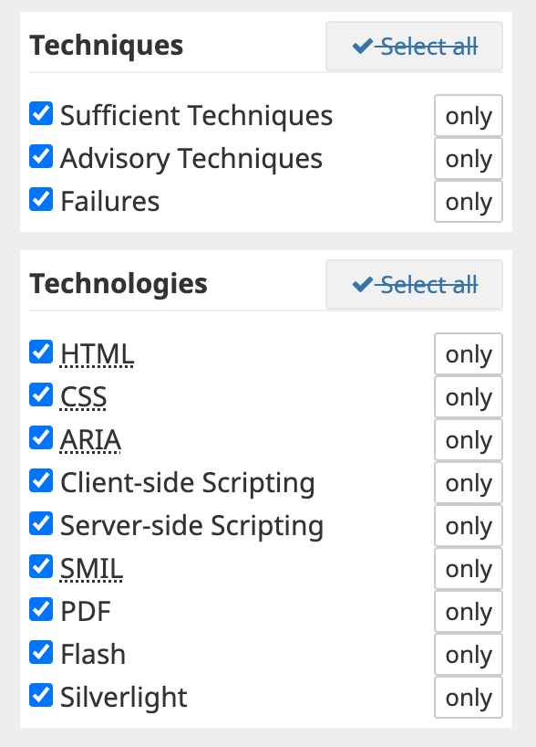 Techniques: Sufficient Techniques, Advisory Techniques, Failures. Technologies: HTML, CSS, ARIA, Client-side Scripting, Server-side Scripting, SMIL, PDF, Flash, Silverlight. [6]