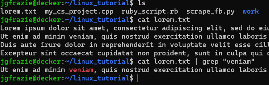 A new text called lorem.txt is read using the cat command and 4 sentences of text are displayed to screen. Then the same file is read using the cat command but in this way:

jgfrazie@decker:~/linux_tutorial$ cat lorem.txt | grep "veniam"

And this command yields a single sentence that contains the word "veniam"
