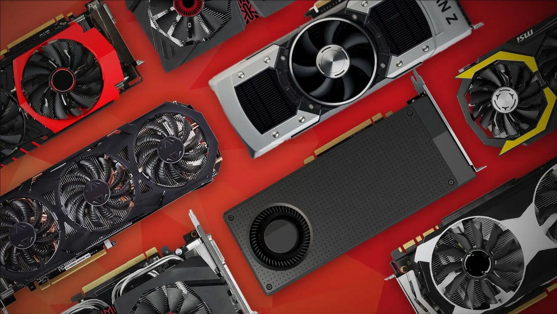 Several different GPUs on a red background