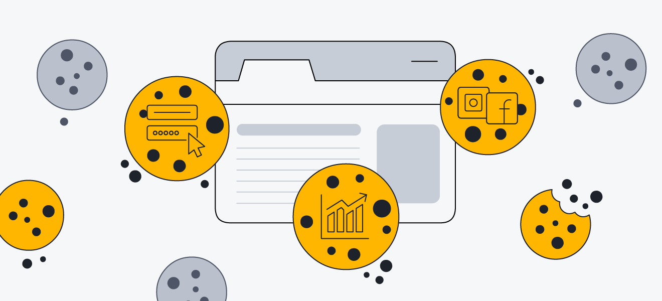 Illustration of a web browser window surrounded by cookies, symbolizing data tracking. Cookie icons show symbols of password entry, social media (Instagram and Facebook logos), and data charts, representing different types of information cookies collect.