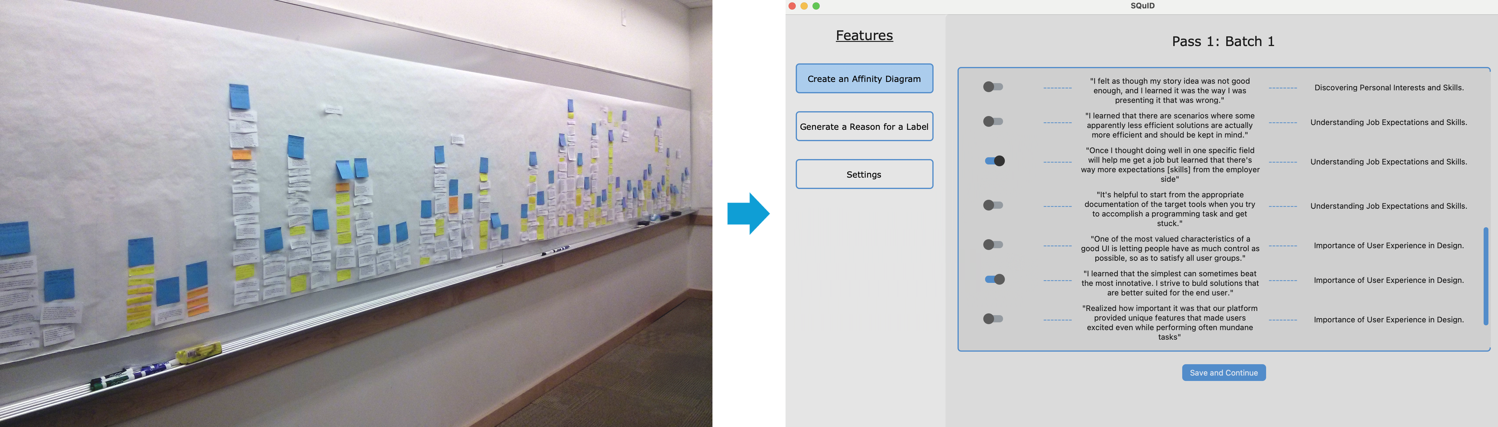 Affinity diagramming is slow and labor-intensive. SQuID demonstrates how interactive AI support can accelerate early analysis
while preserving researcher control and interpretive rigor.